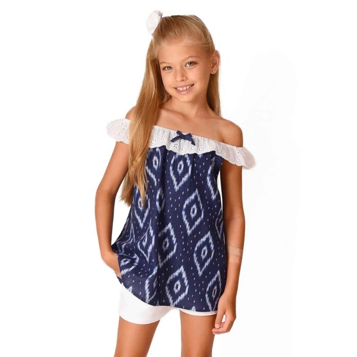 Girl's summer blouse in navy blue and white tie-and-dye cotton with elastic white broderie anglaise collar for girls and teens from 2 to 16 years old from the children's fashion brand LA FAUTE A VOLTAIRE