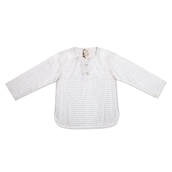 Chemise liquette légère en voile de coton blanc imprimé triangles bleus avec col tunisien boutonné pour garçons de 2 à 14 ans