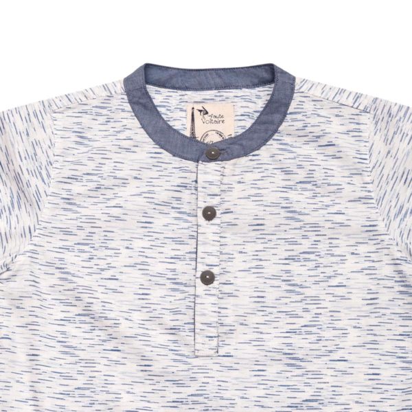 Short-sleeved blue and white cotton shirt with blue contrasting Mao collar for boys aged 2 to 14