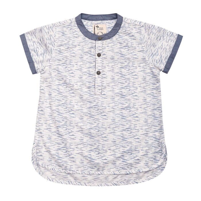 Blue and white cotton short sleeve shirt with blue contrasting Mao collar for boys 2 to 14 years old
