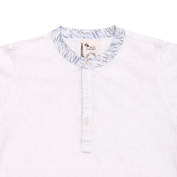 White linen short sleeve shirt with blue contrasting Mao collar for boys 2 to 14 years old