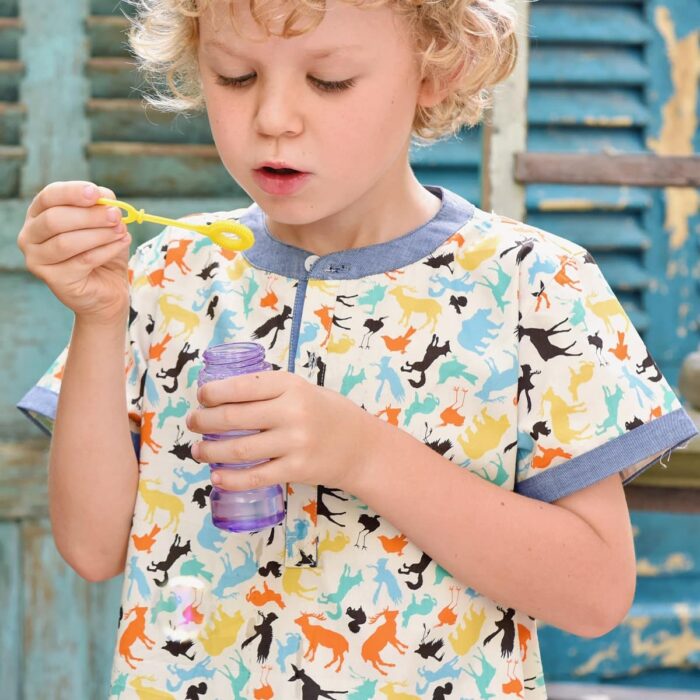 Chemise manches courtes en coton imprimé animaux multicolores avec col Mao pour garçons de 2 à 14 ans