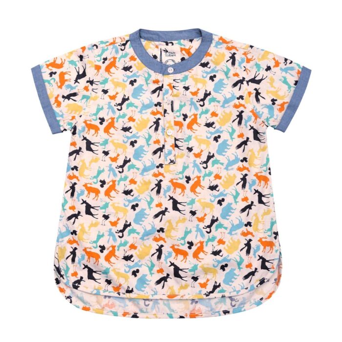 Chemise manches courtes en coton imprimé animaux multicolores avec col Mao pour garçons de 2 à 14 ans