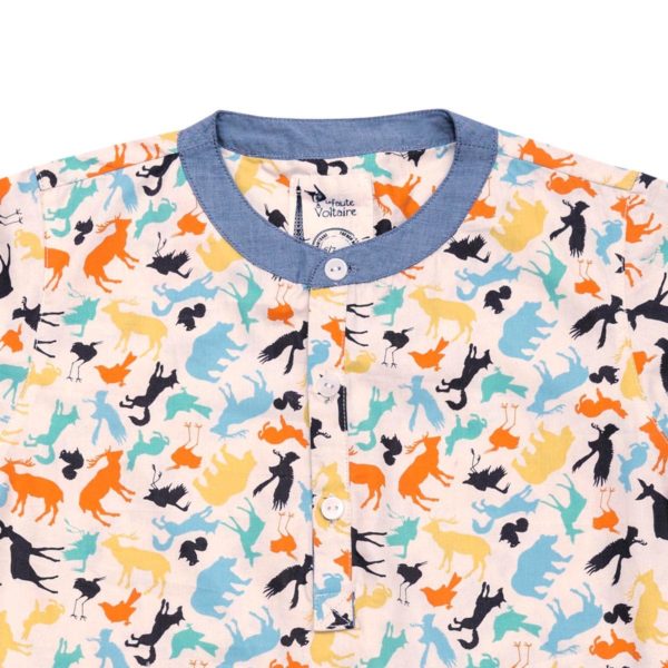 Short-sleeved, multi-coloured animal-printed cotton shirt with Mao collar for boys aged 2 to 14
