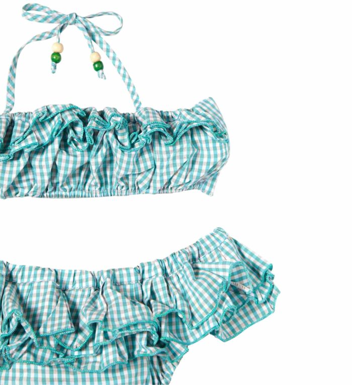 two-piece bikini with green, white and grey gingham check for little girls from 2 to 12 years old