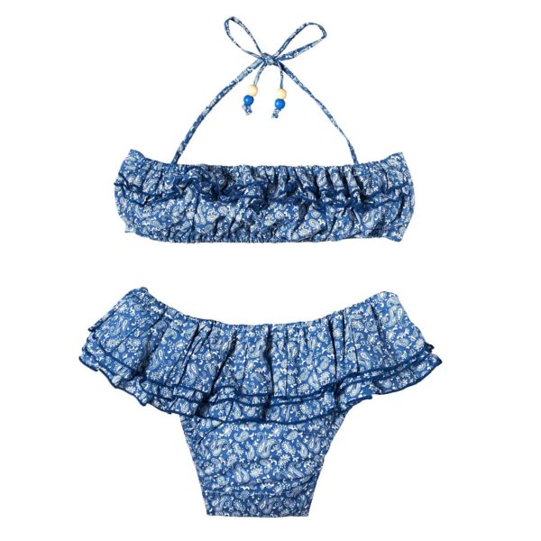 2-piece beach bikini with ruffles for little girls in navy blue and white paisley print for girls
