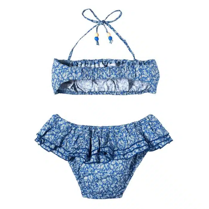 2-piece beach bikini with ruffles for little girls in navy blue and white paisley print for girls