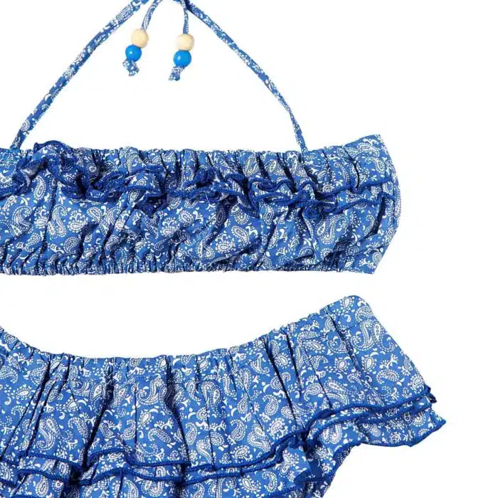 2-piece beach bikini with ruffles for little girls in navy blue and white paisley print for girls