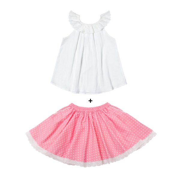 Girl's gift set white blouse with bardot collar and pink cotton skirt with white polka dots for girls from 2 to 14 years old