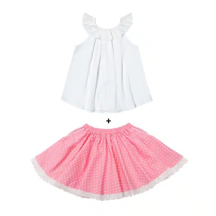 Ensemble cadeau fille blouse blanche col bardot en broderie anglaise et jupe en coton rose à pois blancs pour filles de 2 à 14 ans