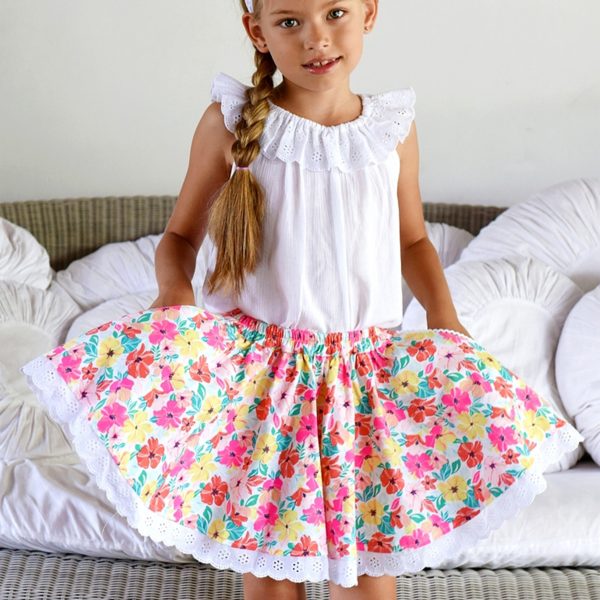 Pink, yellow and green floral cotton skirt with white lace for girls 2 to 14 years old