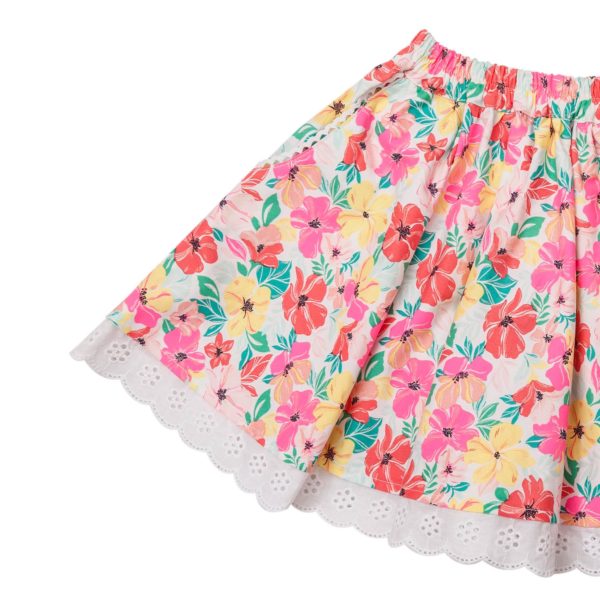 Pink, yellow and green floral cotton skirt with white lace for girls 2 to 14 years old