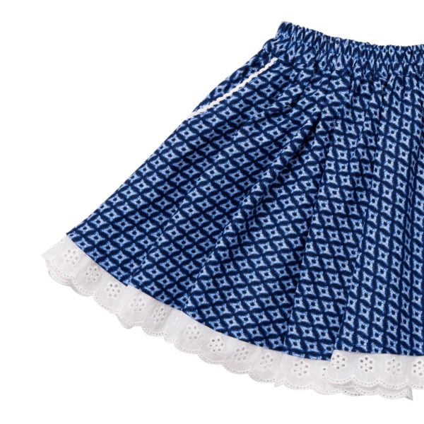 Skirt that rotates in blue graphic cotton with white lace for girls 2 to 14 years old