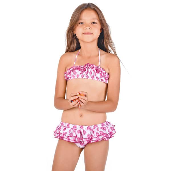 2-piece ruffled swimsuit in white cotton with fuchsia pink embroidery for girls 2 to 12 years