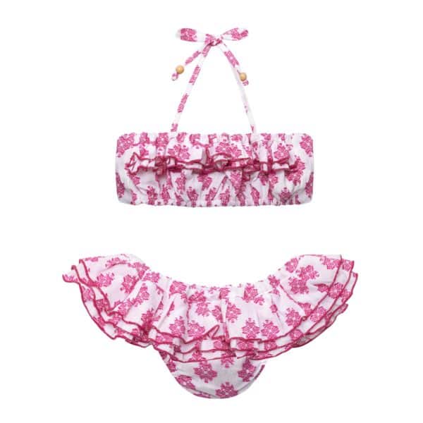 2-piece bikini swimsuit in white cotton and fuchsia pink embroidered for girls 2 to 12 years old