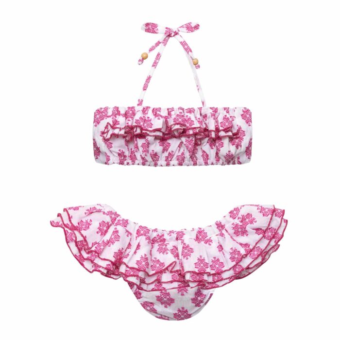 Maillot de bain bikini 2 pièces à volants en coton blanc et brodé rose fuchsia pour filles de 2 à 12 ans