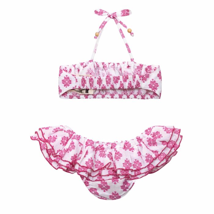 Maillot de bain bikini 2 pièces à volants en coton blanc et brodé rose fuchsia pour filles de 2 à 12 ans