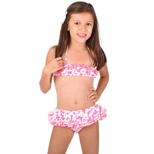 2-piece ruffled swimsuit in white cotton with fuchsia pink butterflies for girls from 2 to 12 years