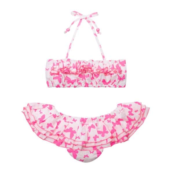 2-piece bikini swimsuit in white cotton and fuchsia pink butterflies for girls aged 2 to 12