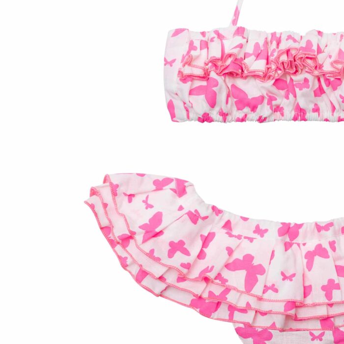 Maillot de bain bikini 2 pièces à volants en coton blanc et papillons rose fuchsia pour filles de 2 à 12 ans