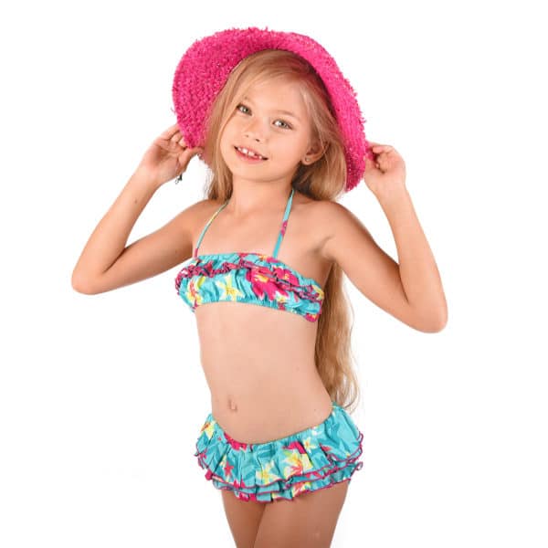 2-piece bikini swimsuit in turquoise blue green cotton and Hawaiian flowers for girls aged 2 to 12