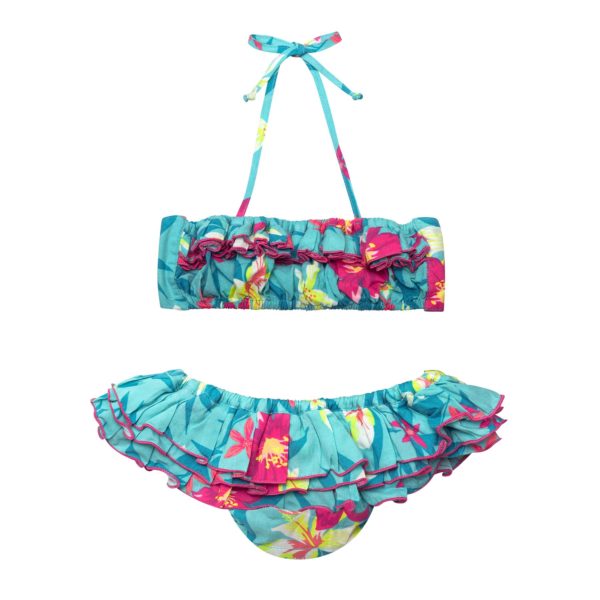 2-piece bikini swimsuit in turquoise blue green cotton and Hawaiian flowers for girls aged 2 to 12
