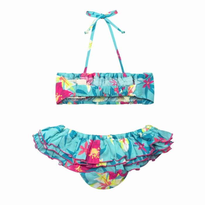 Maillot de bain bikini 2 pièces à volants en coton vert bleu turquoise et fleurs hawaïennes pour filles de 2 à 12 ans