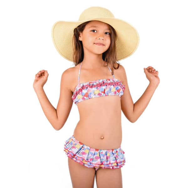 2-piece ruffled cotton swimsuit with red and blue parasol print for girls 2 to 12 years