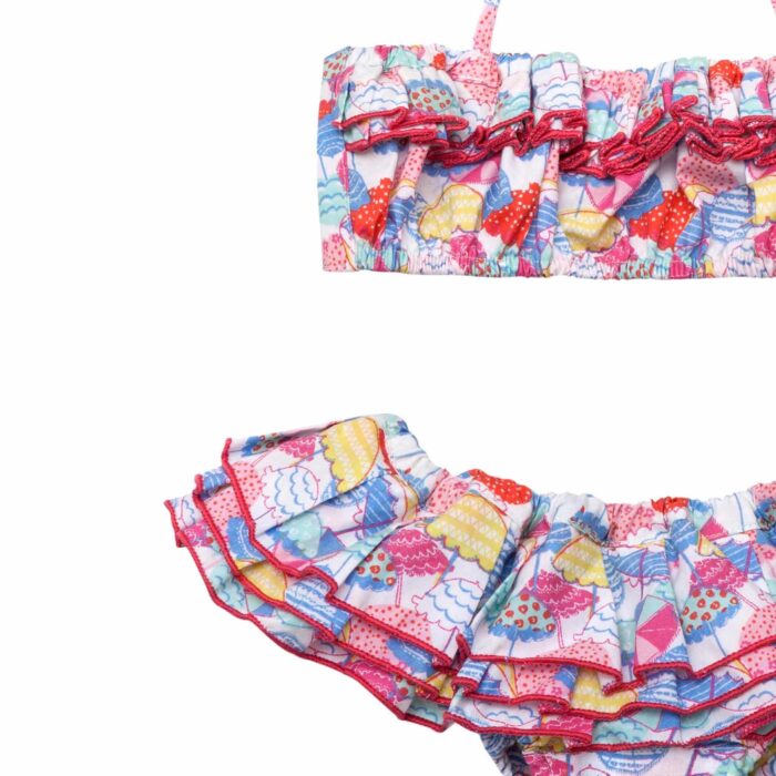 Maillot de bain bikini 2 pièces à volants en coton imprimé parasols rouges et bleus pour filles de 2 à 12 ans