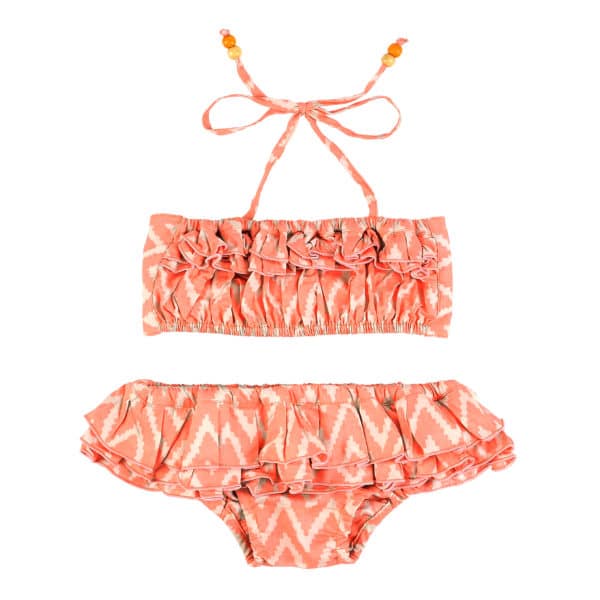 2-piece ruffled swimsuit in orange graphic cotton for girls 2 to 12 years old
