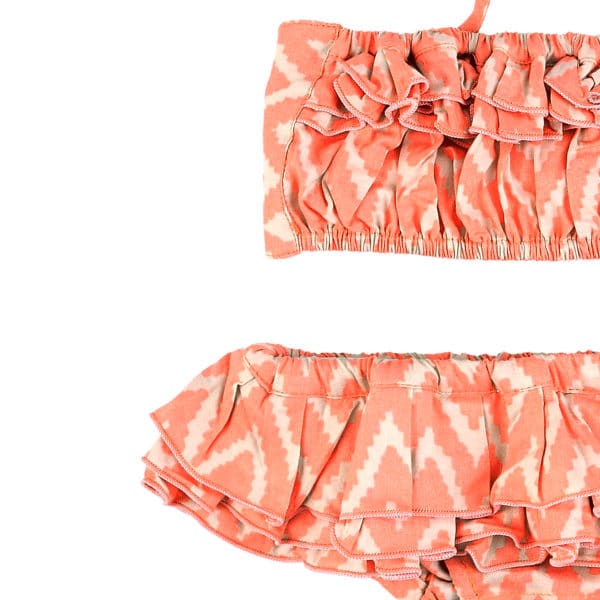 2-piece ruffled swimsuit in orange graphic cotton for girls 2 to 12 years old
