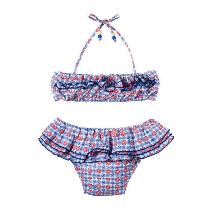 Maillot bikini plage 2 pièces à volants pour petites fille imprimé bleu, blanc, rouge