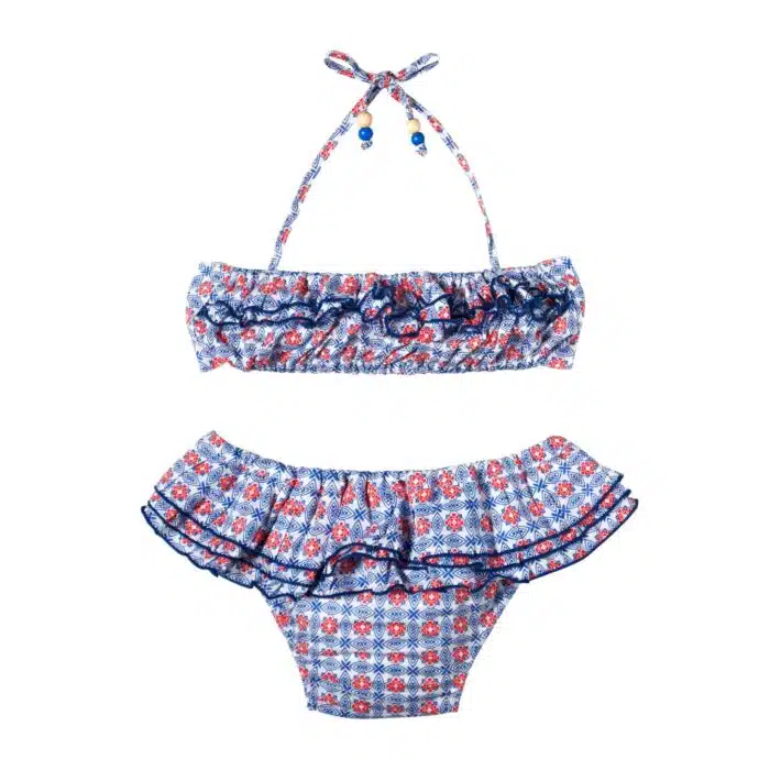 Maillot bikini plage 2 pièces à volants pour petites fille imprimé bleu, blanc, rouge