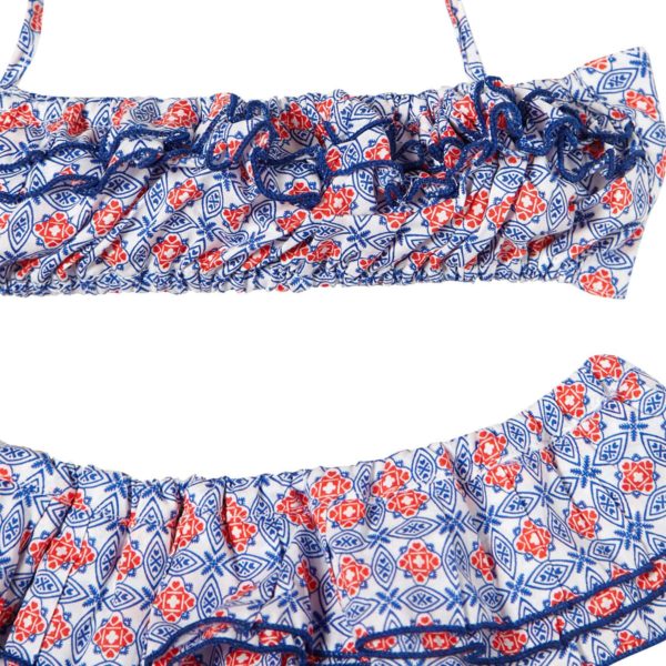 2-piece beach bikini with ruffles for little girls blue, white, red print