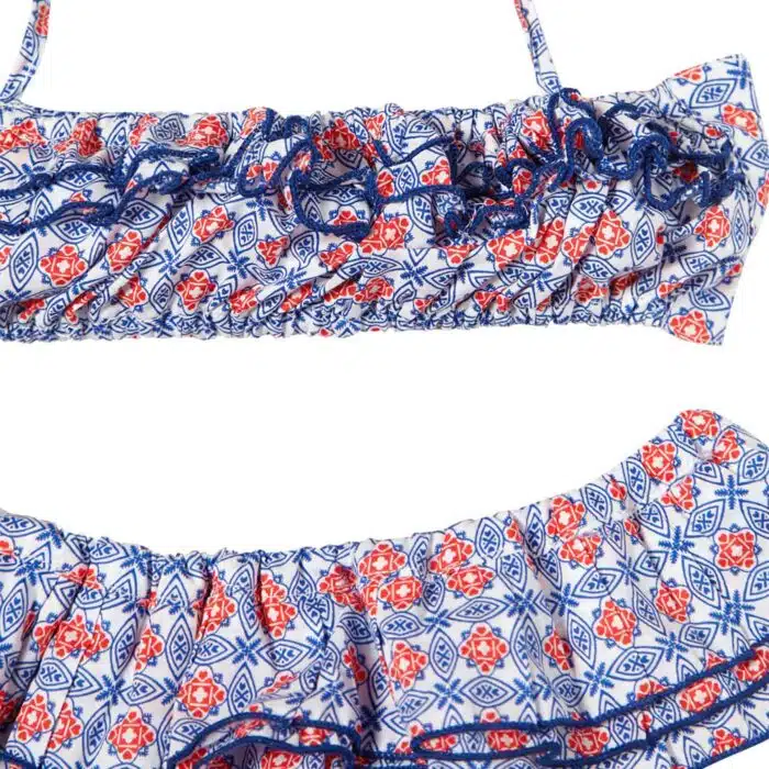 Maillot bikini plage 2 pièces à volants pour petites fille imprimé bleu, blanc, rouge