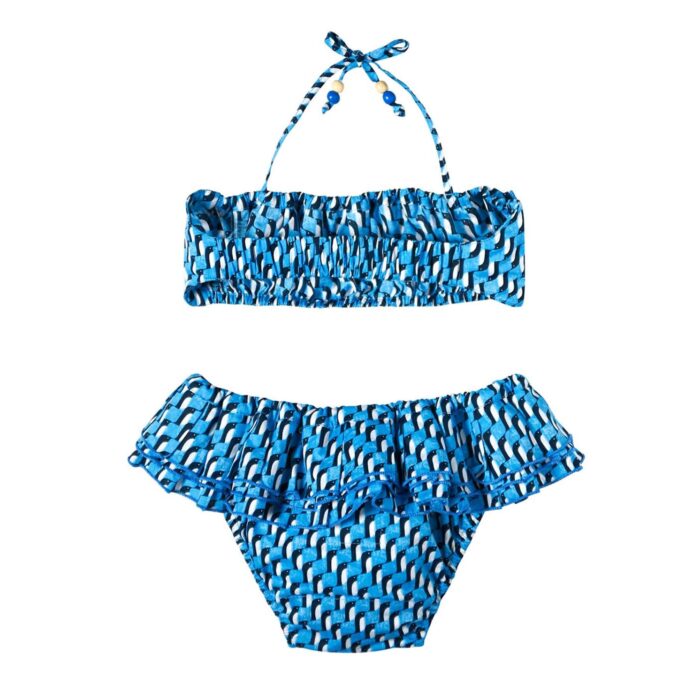 Two-piece swimsuit with elasticated back band, ruffled panties, royal blue, black and white penguin print. French fashion brand for children and teenagers from 2 to 16 years old.