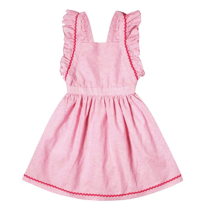 summer apron dress with thin pink stripes and ruffled sleeves for little girls and teens from 2 to 16 years