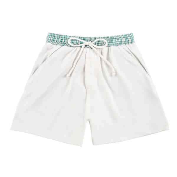 White swim shorts with elastic waist and blue gingham cotton pocket for boys 2 to 14 years old