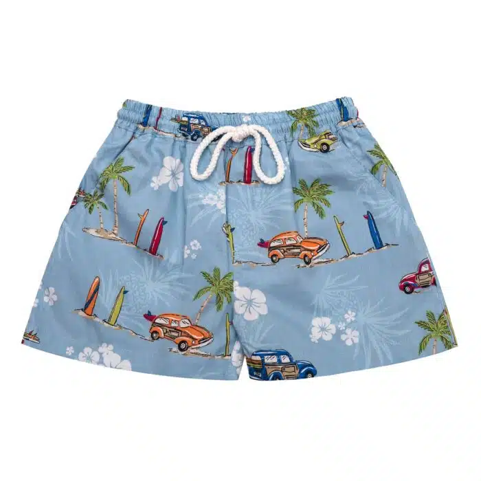 Short de bain bleu ciel imprimé voitures vintages, taille élastique, poches pour garçons de la marque de mode enfants La Faute à Voltaire