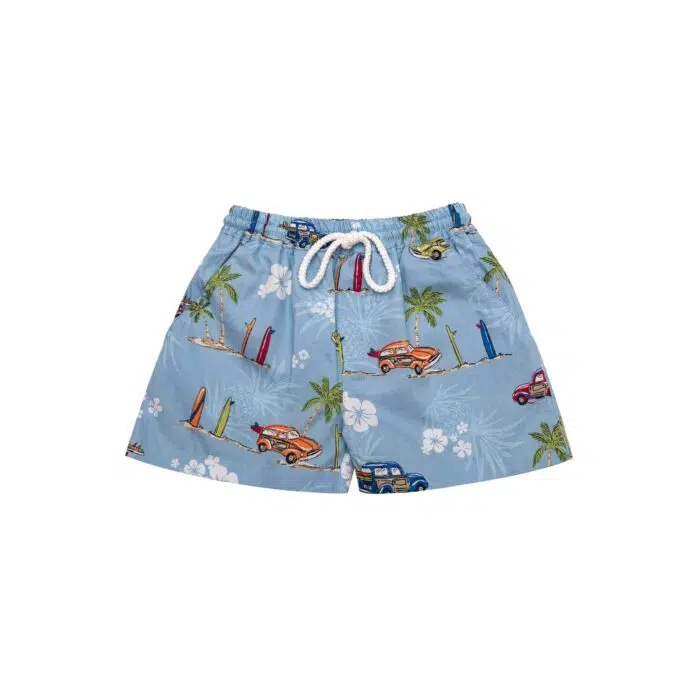 Short de bain bleu ciel imprimé voitures vintages, taille élastique, poches pour garçons de la marque de mode enfants La Faute à Voltaire