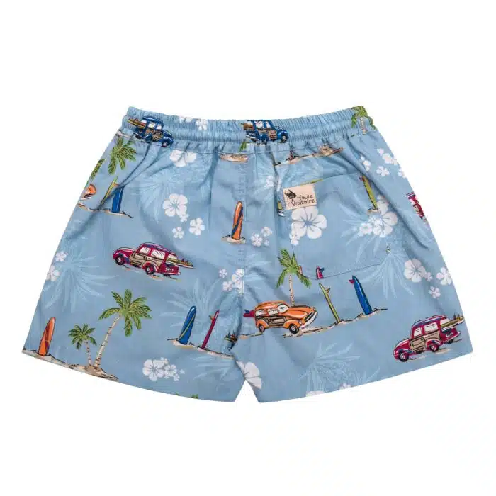 Short de bain bleu ciel imprimé voitures vintages, taille élastique, poches pour garçons de la marque de mode enfants La Faute à Voltaire