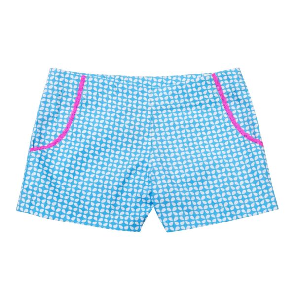 Girl summer shorts in turquoise blue and white cotton with detail fuchsia pink lace on the pockets. Children's and teen fashion brand LA FAUTE A VOLTAIRE