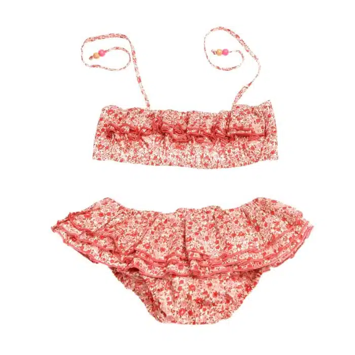 Maillot de bain deux pièces à volants avec froufrous en coton fleuri rose et rouge de la marque de mode pour enfant LA FAUTE A VOLTAIRE