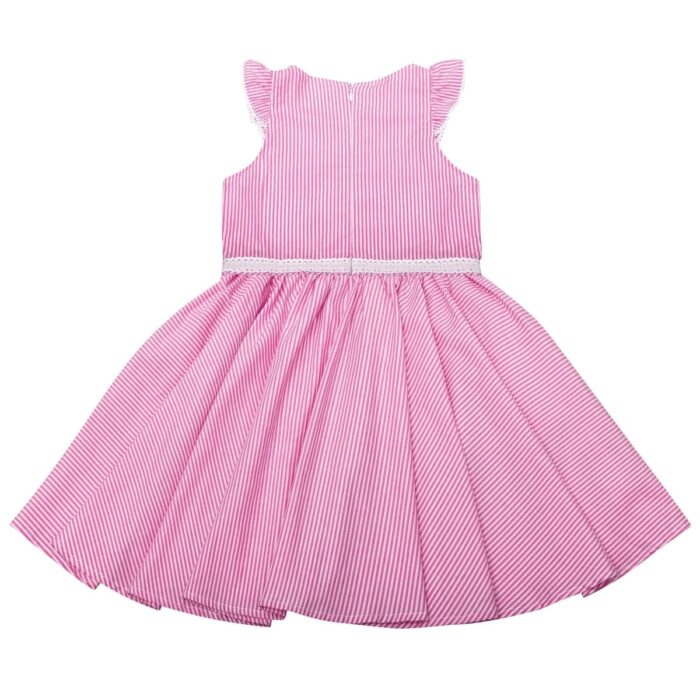 Dress which turns of ceremony with fine pink and white stripes, sleeves small flounces, round collar, belt in fine white lace, model Baby Hepburn of the fashion brand for children LA FAUTE A VOLTAIRE