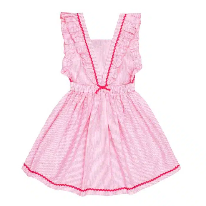 Robe bohème de cérémonie à fines rayures rose à bretelles, dos nu, taille élastique, détaille rose fuchsia de la marque de. mode pour enfants LA FAUTE A VOLTAIRE