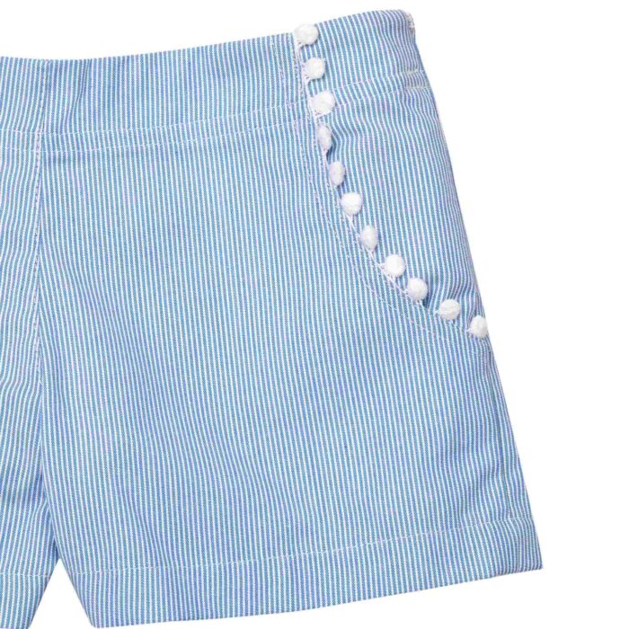 White cotton girl shorts with silver and pink sequin stripes belt and pocket with pink sequin bias. Elegant and trendy shorts for girls from the children's fashion brand LA FAUTE A VOLTAIRE
