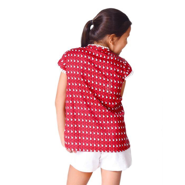 Blouse inspiration asiatique en coton rouge graphique et col Mao bordé de dentelle style pompons blancs pour filles de 2 à 12 ans