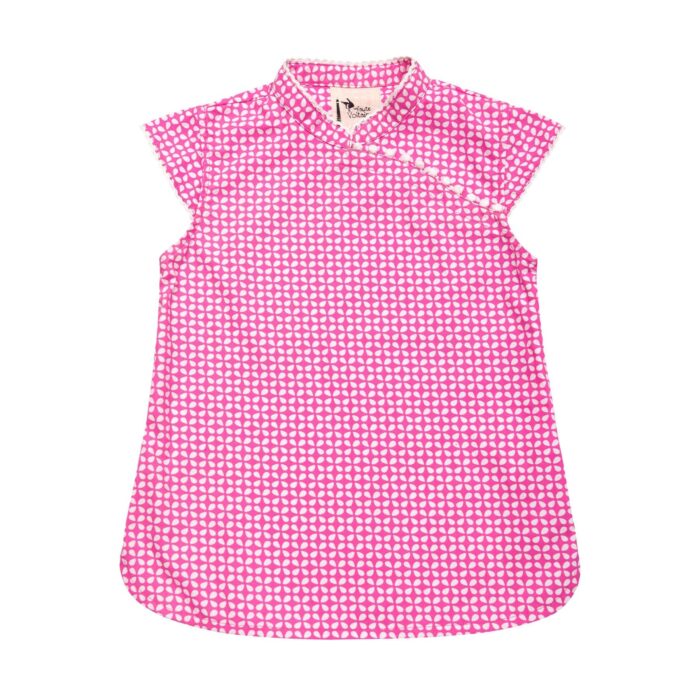 Fuchsia pink and white cotton graphic blouse with Mao collar and short sleeves with tassels for girls from 2 to 14 years