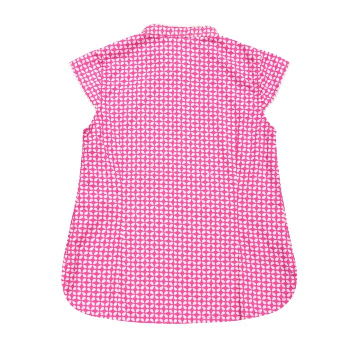 Pink fuchsia and white cotton graphic blouse with Mao collar and short sleeves trimmed with pompoms for girls 2 to 14 years old