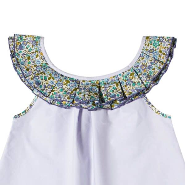 Sleeveless lilac cotton blouse with green and blue liberty ruffled boat collar for girls 2 to 12 years old